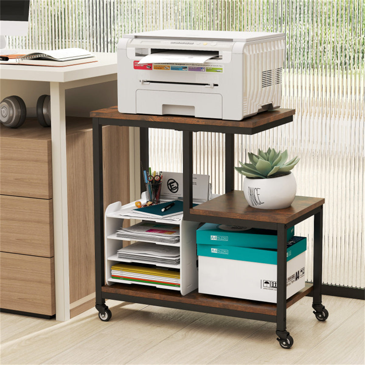 G-Shaped 3-Tier Brown End Table with Wheels – Mobile Storage Side Table