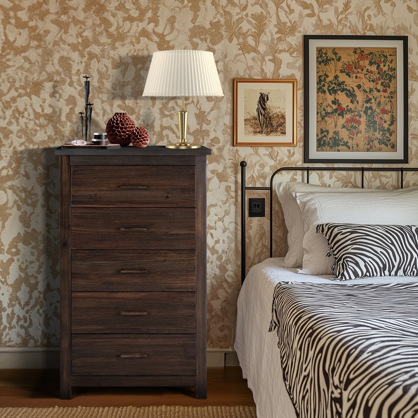 Vertical 5-Drawer Chest, Brown MDF with Wood Veneer, 73x40x120cm Storage Unit