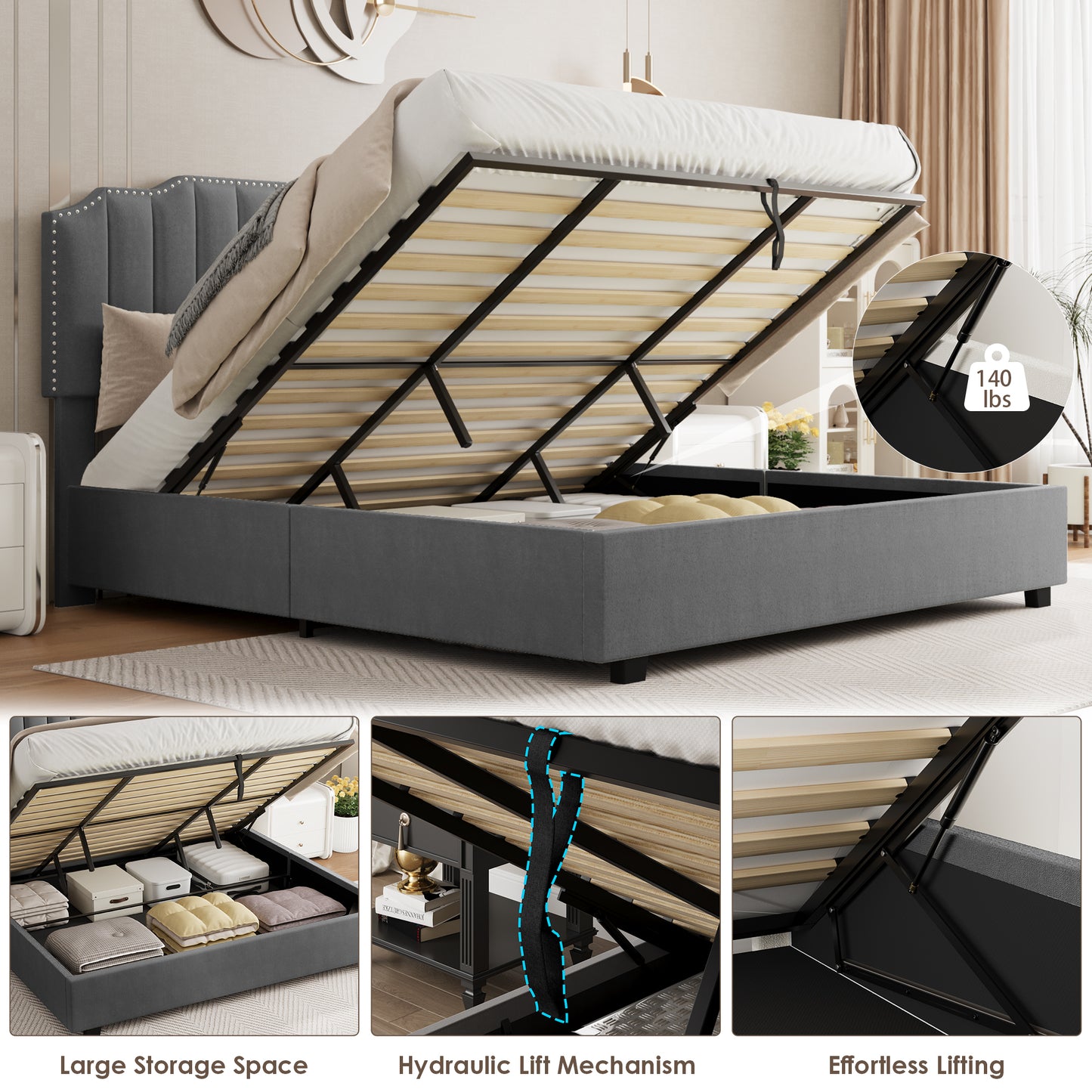 Lift-Up Storage Queen Bed – Velvet Upholstered Platform Bed Frame, Grey