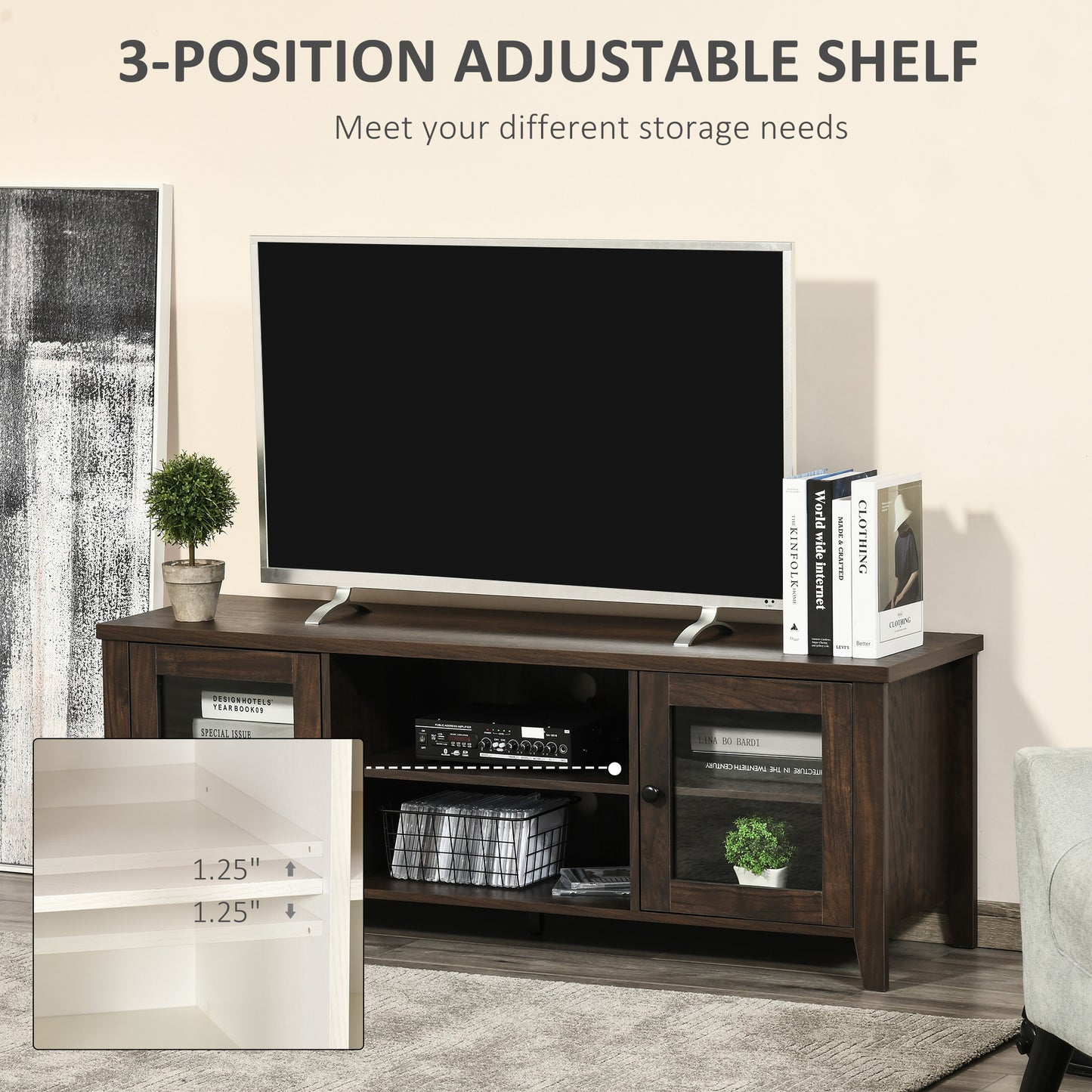55" Coffee LED TV Stand with Adjustable Shelves & Cable Management – Modern Cabinet