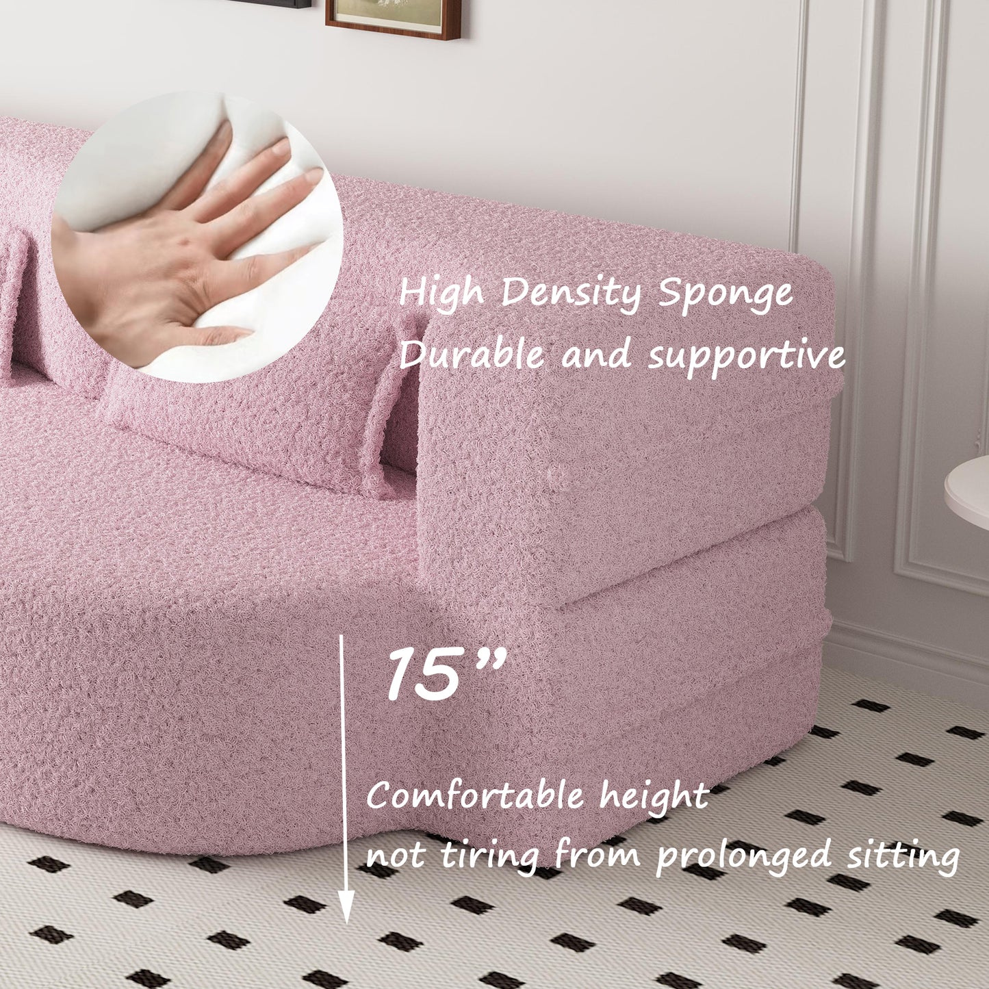 Modern Pink Teddy Fabric Floor Sofa Bed with 2 Pillows – Convertible & Space-Saving