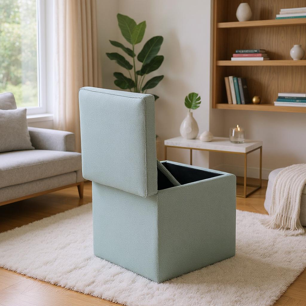 Gray Linen Storage Ottoman with Hidden Compartment – 16.5” Cube Seat