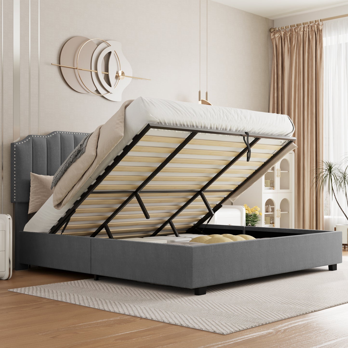 Lift-Up Storage Queen Bed – Velvet Upholstered Platform Bed Frame, Grey