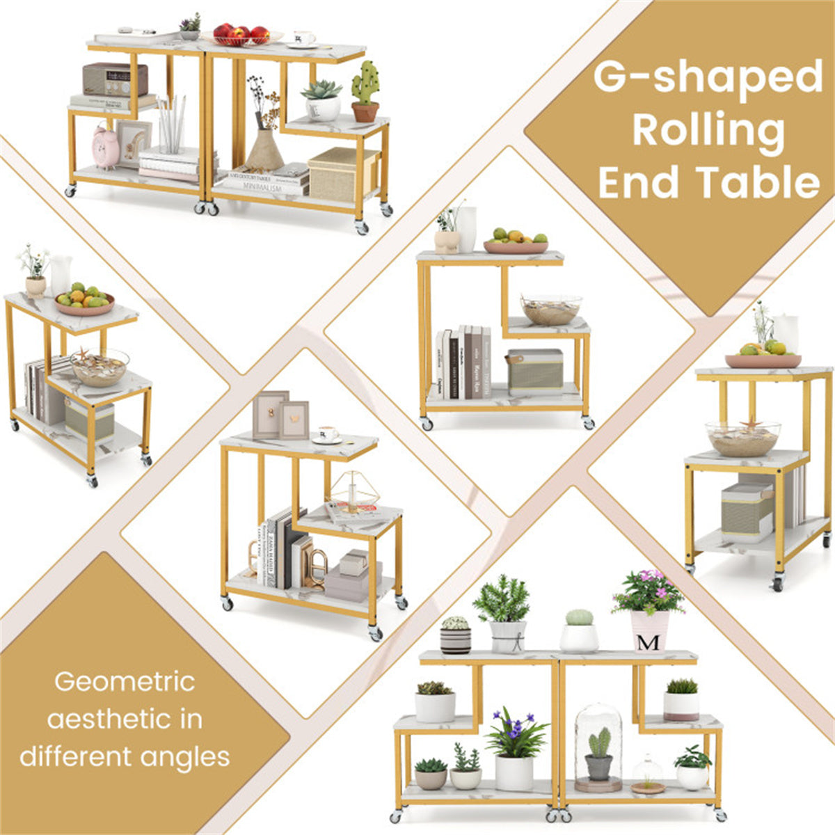 G-Shaped 3-Tier White End Table with Wheels – Mobile Storage Side Table