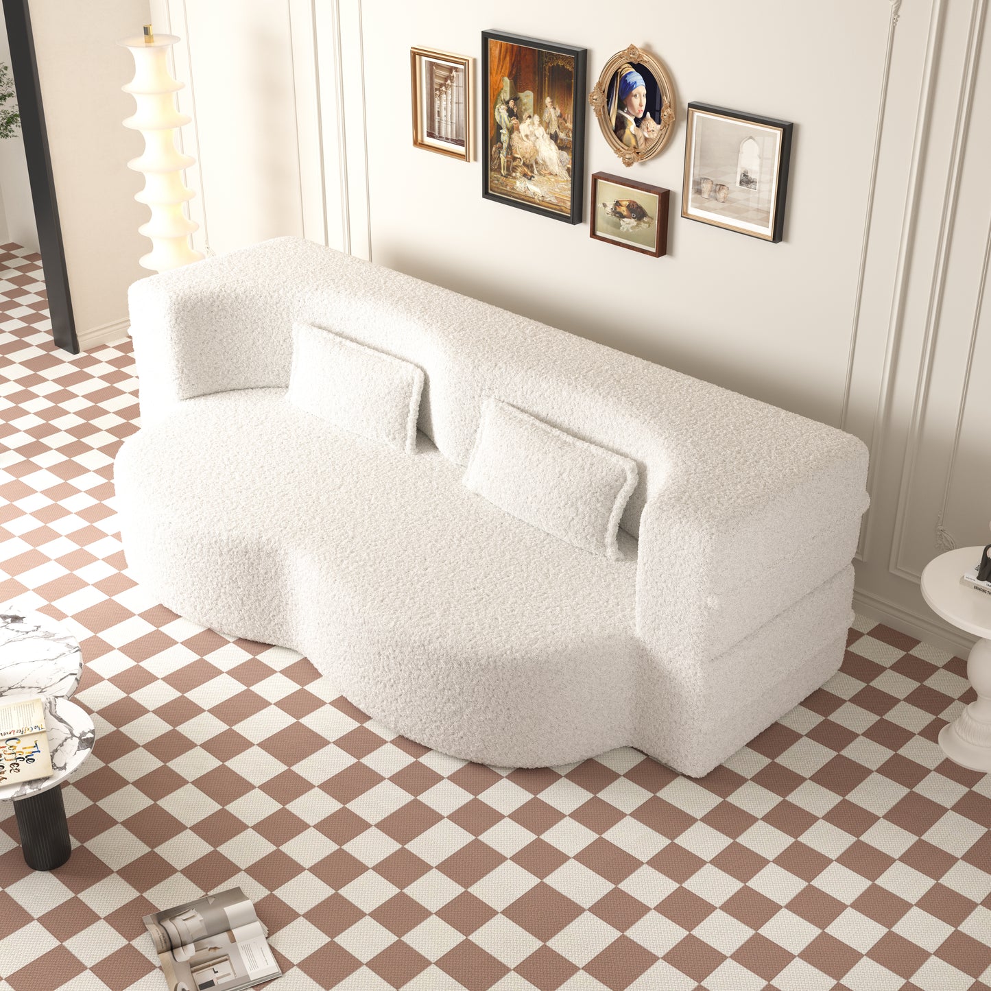 Modern Beige Teddy Fabric Floor Sofa Bed with 2 Pillows – Convertible & Space-Saving