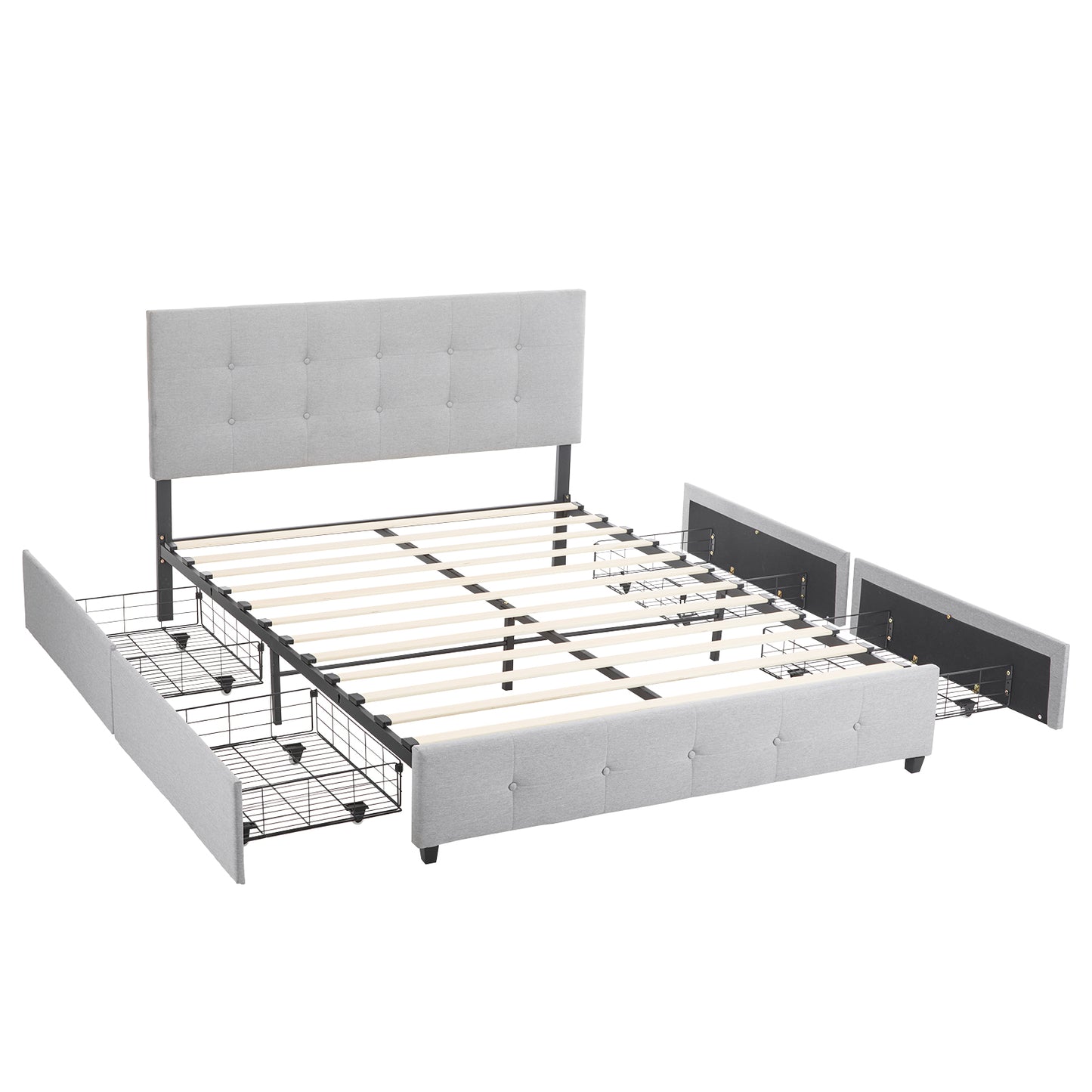 Queen Upholstered Platform Bed with 4 Drawers & Adjustable Tufted Headboard