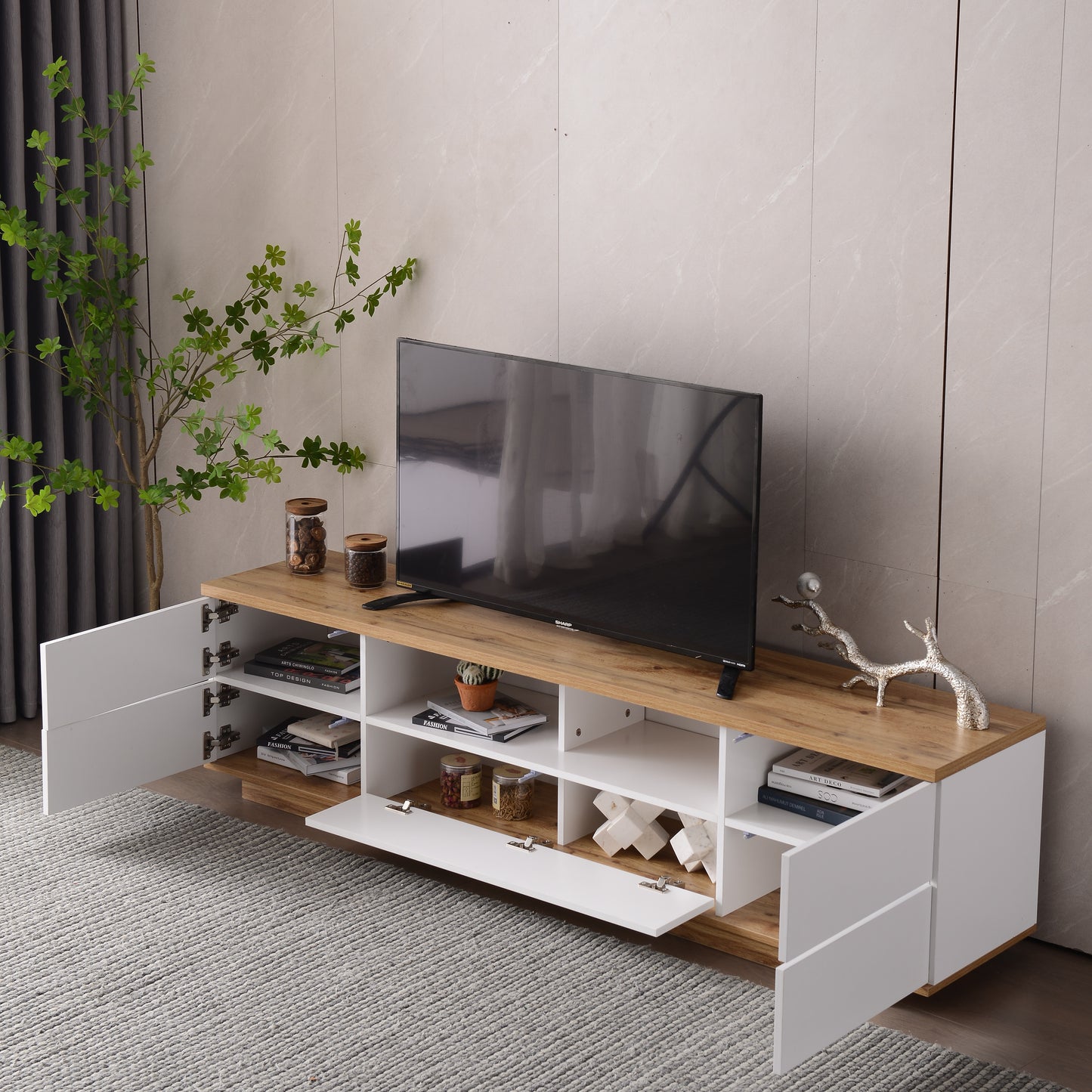 Modern TV Stand for 80'' TVs, Media Console with Storage & Rebound Doors