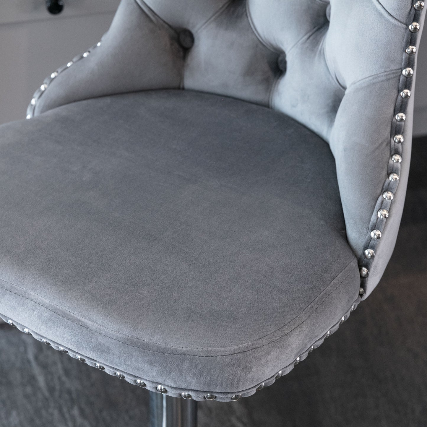 Set of 2 Gray Velvet Swivel Barstools, Adjustable Height 25–33", with Backs