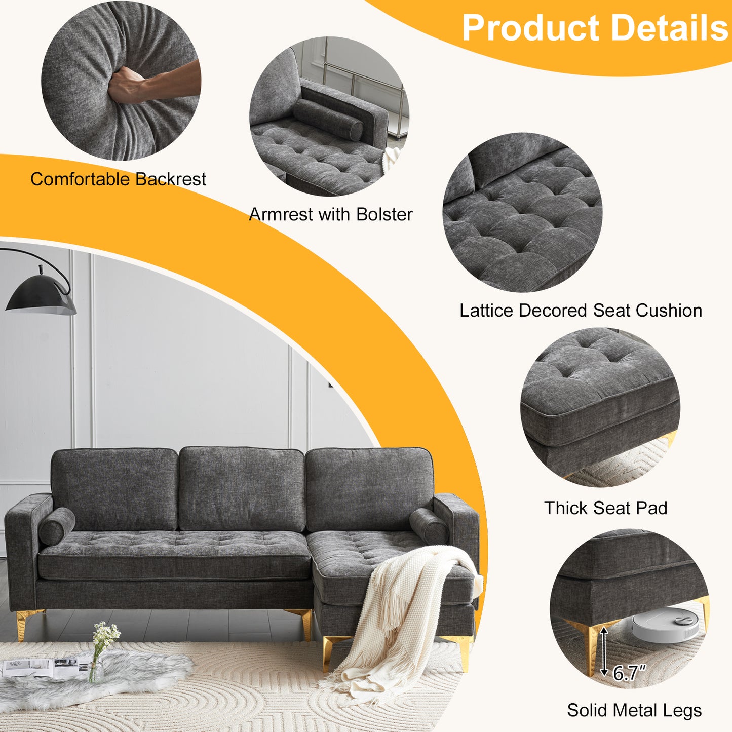 3-Seater Chenille Modular Sofa with Footstool, Gold Legs – Dark Gray