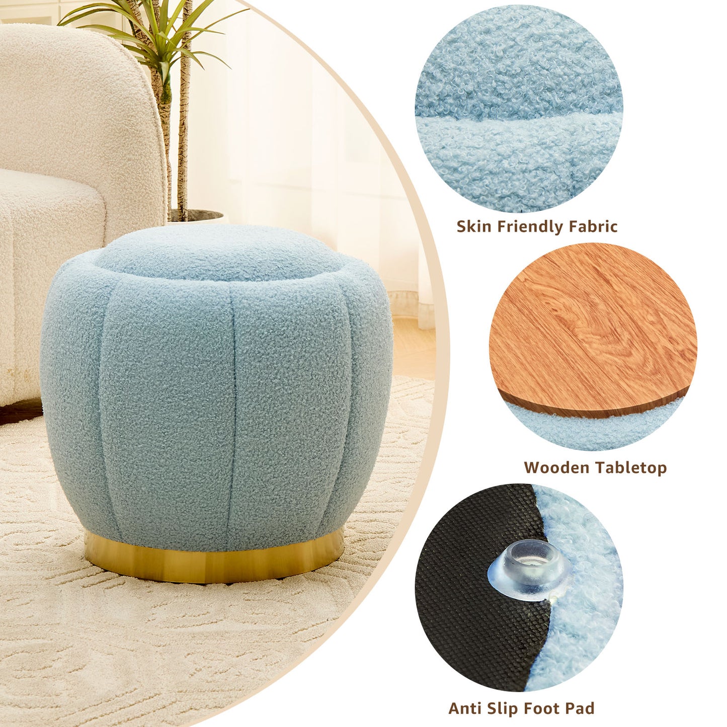 Modern Round Storage Ottoman Footrest with Soft Seat, Velvet Stool Accent, Blue