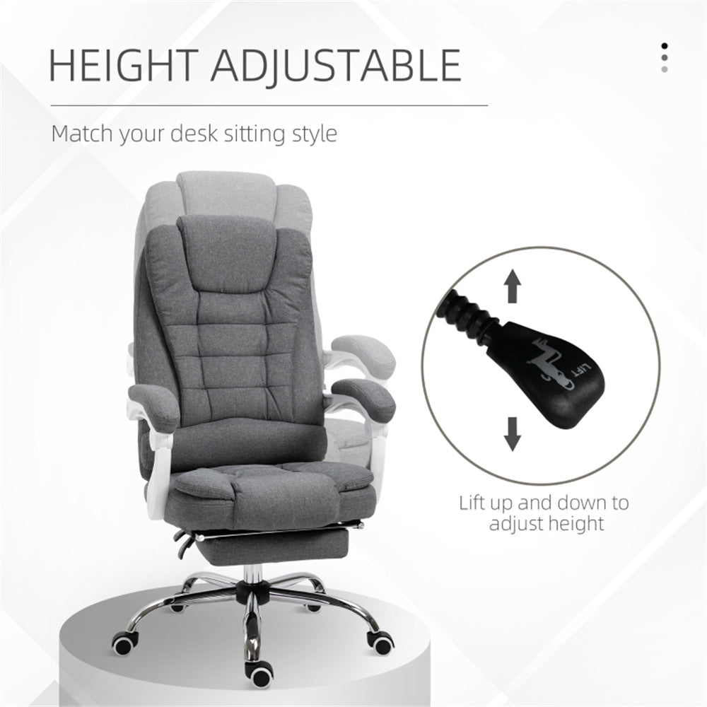 Pebble Grey High-Back Reclining Office Chair with Footrest & Linen Upholstery