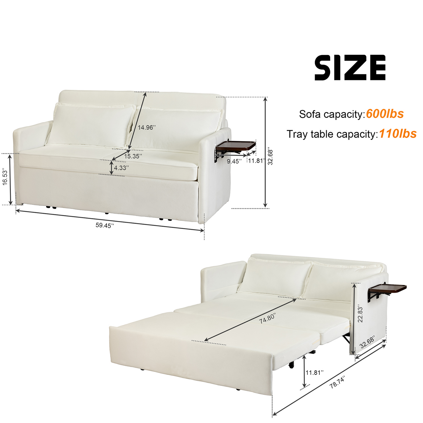 3-in-1 Sleeper Chair Bed with Tray & USB, Convertible Sofa in, White