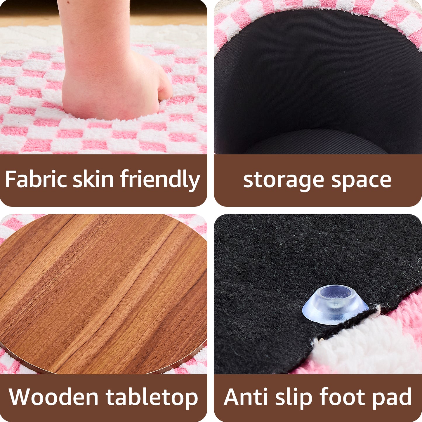 Round Pink Faux Fur Ottoman with Storage – Footrest for Bedroom or Vanity