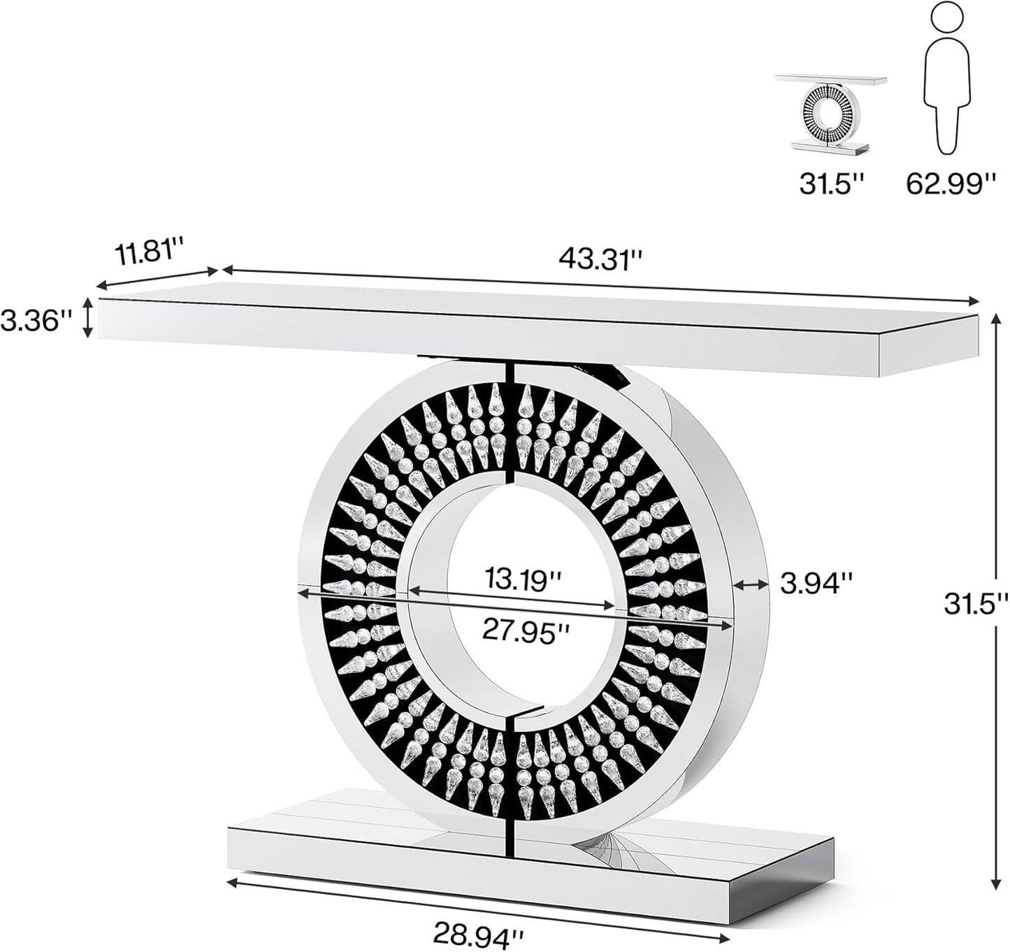 43" Silver Glass Console Table with Crystal Inlays – Modern Entryway Accent