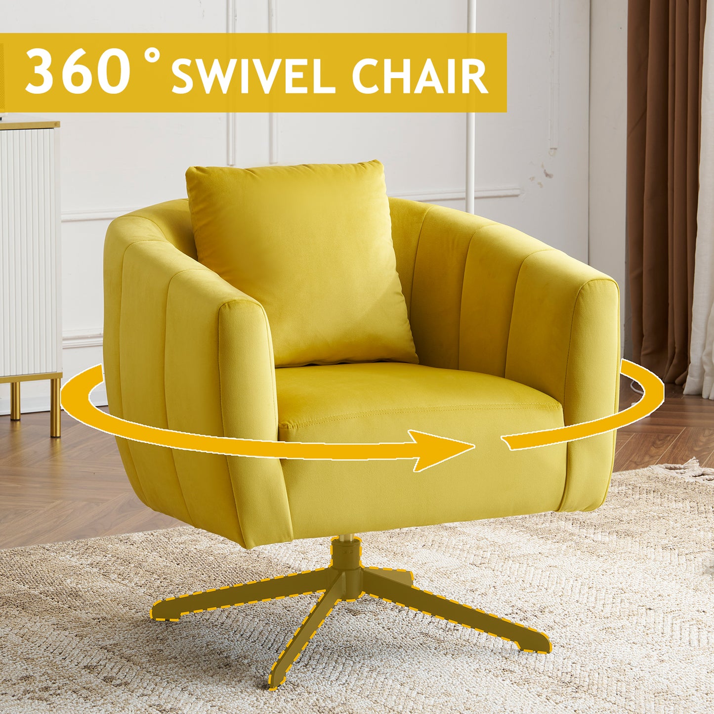 360° Swivel Velvet Accent Chair with Fluffy Cushion – Yellow