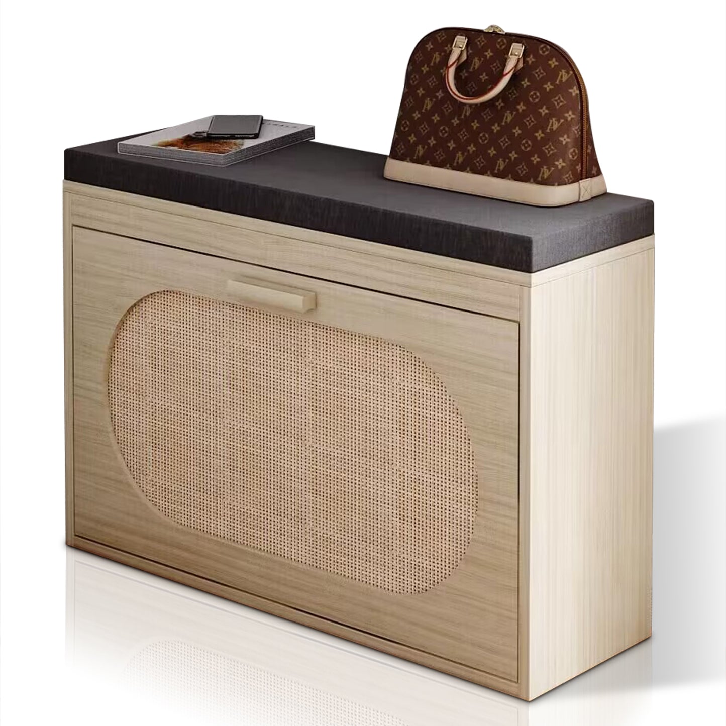 Rattan Shoe Cabinet Bench with Flip Drawer & Cushion for Hallway Storage