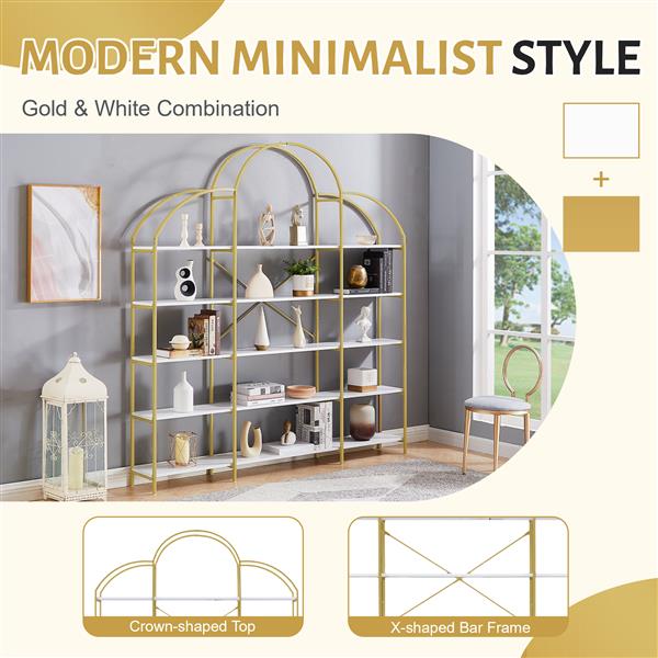 74.8" 5-Tier Bookshelf with Round Top, Gold Frame & X-Bar, Office Display Shelf
