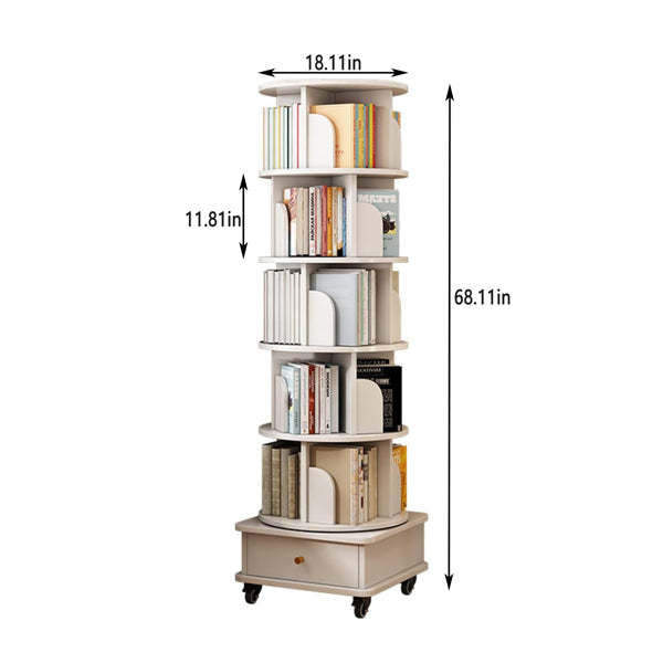 6-Tier 360° Rotating Bookshelf with Wheels & Drawer, Space-Saving Warm White