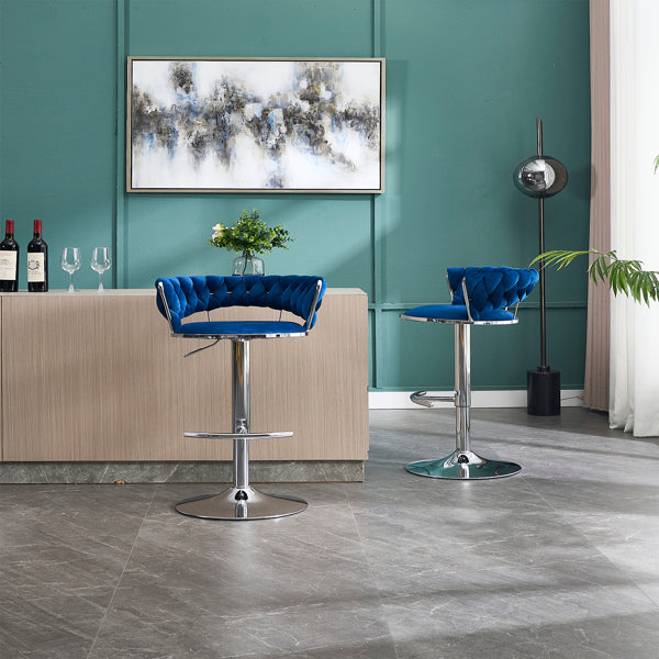 Set of 2 Blue Velvet Bar Stools with Chrome Base & Swivel Adjustable Height
