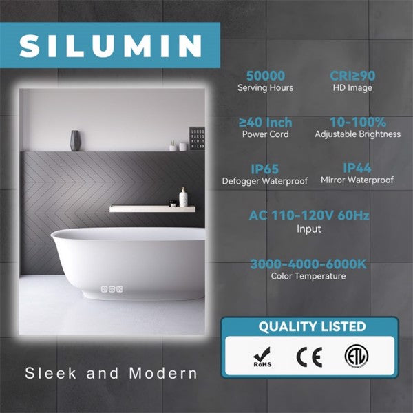 36" x 28" LED Bathroom Mirror with Defogger & Dimmable Backlight