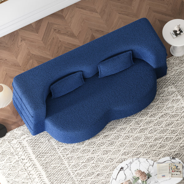 Blue Teddy Fabric Convertible Floor Sofa Bed with 2 Pillows, Full Size 78"