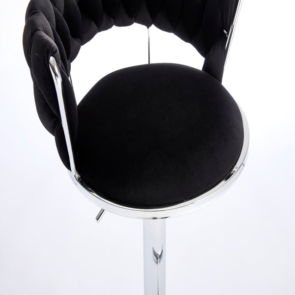 Set of 2 Black Velvet Bar Stools with Chrome Base & Swivel Adjustable Height
