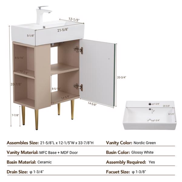 21.6" Bathroom Vanity with Sink, Open Shelf & Soft-Close Door, Green