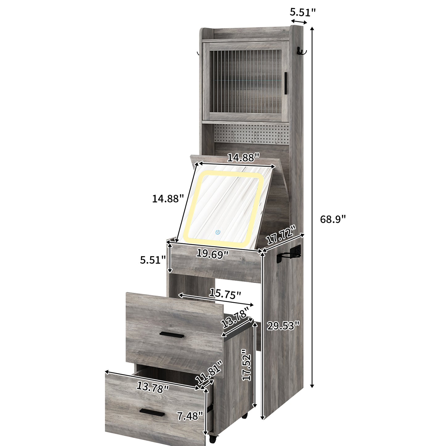 Compact Vanity Desk with Mirror, LED Lights, Charging Station & Stool, White
