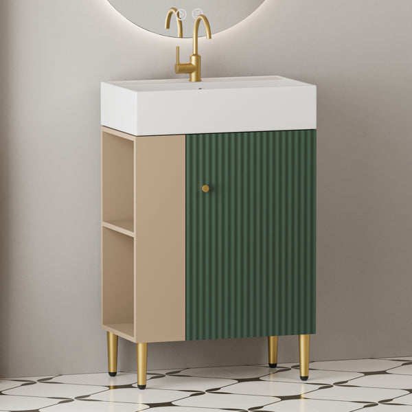 21.6" Bathroom Vanity with Sink, Open Shelf & Soft-Close Door, Green