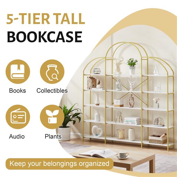74.8" 5-Tier Bookshelf with Round Top, Gold Frame & X-Bar, Office Display Shelf
