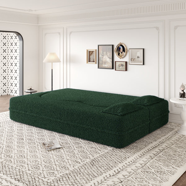 Green Teddy Fabric Convertible Floor Sofa Bed with 2 Pillows, Full Size 78"