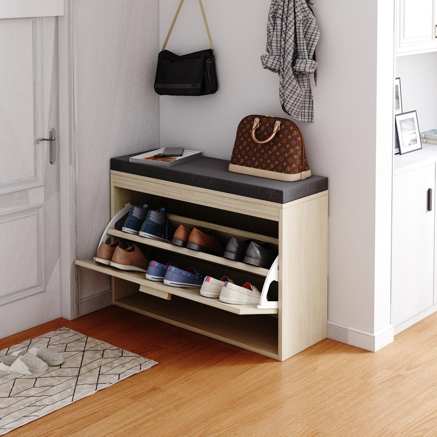 Rattan Shoe Cabinet Bench with Flip Drawer & Cushion for Hallway Storage