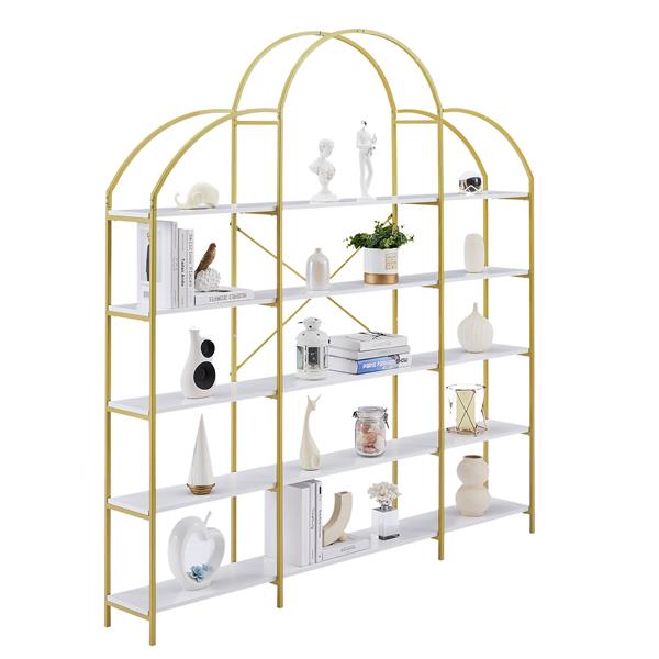 74.8" 5-Tier Bookshelf with Round Top, Gold Frame & X-Bar, Office Display Shelf