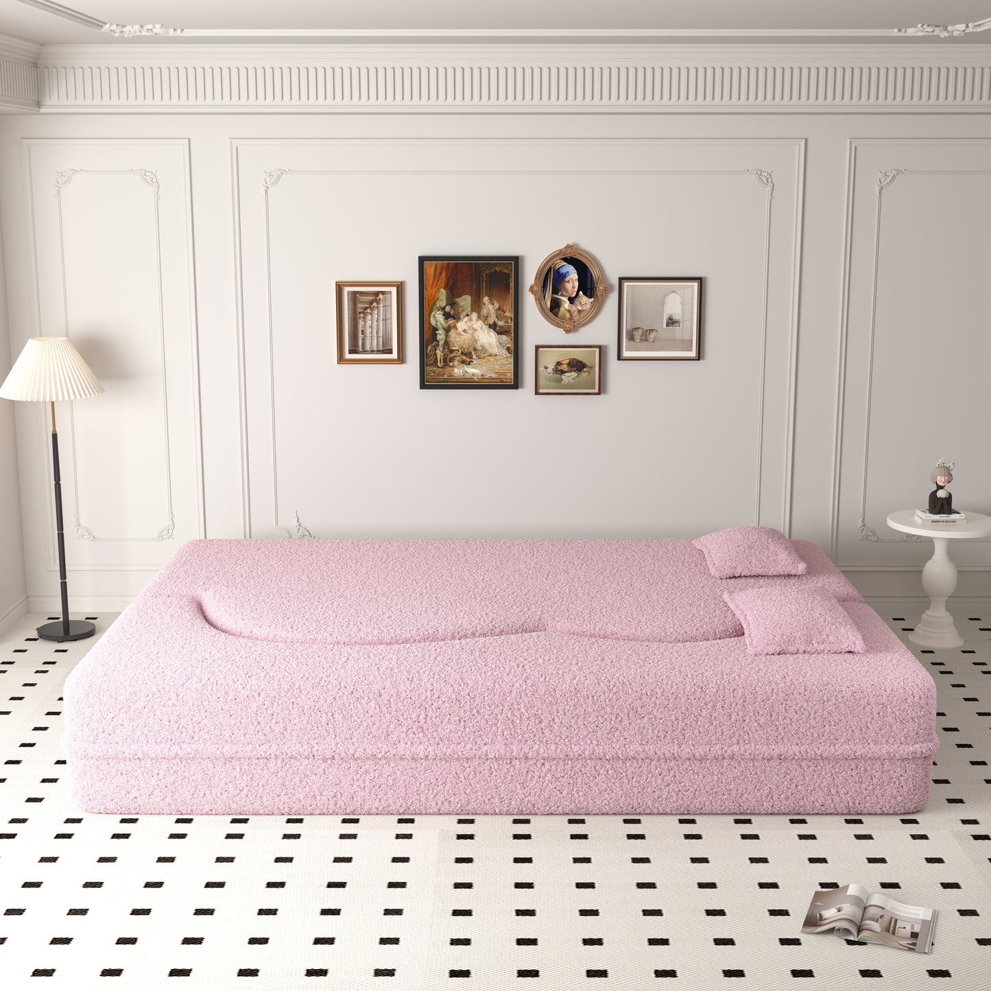 Modern Pink Teddy Fabric Floor Sofa Bed with 2 Pillows – Convertible & Space-Saving