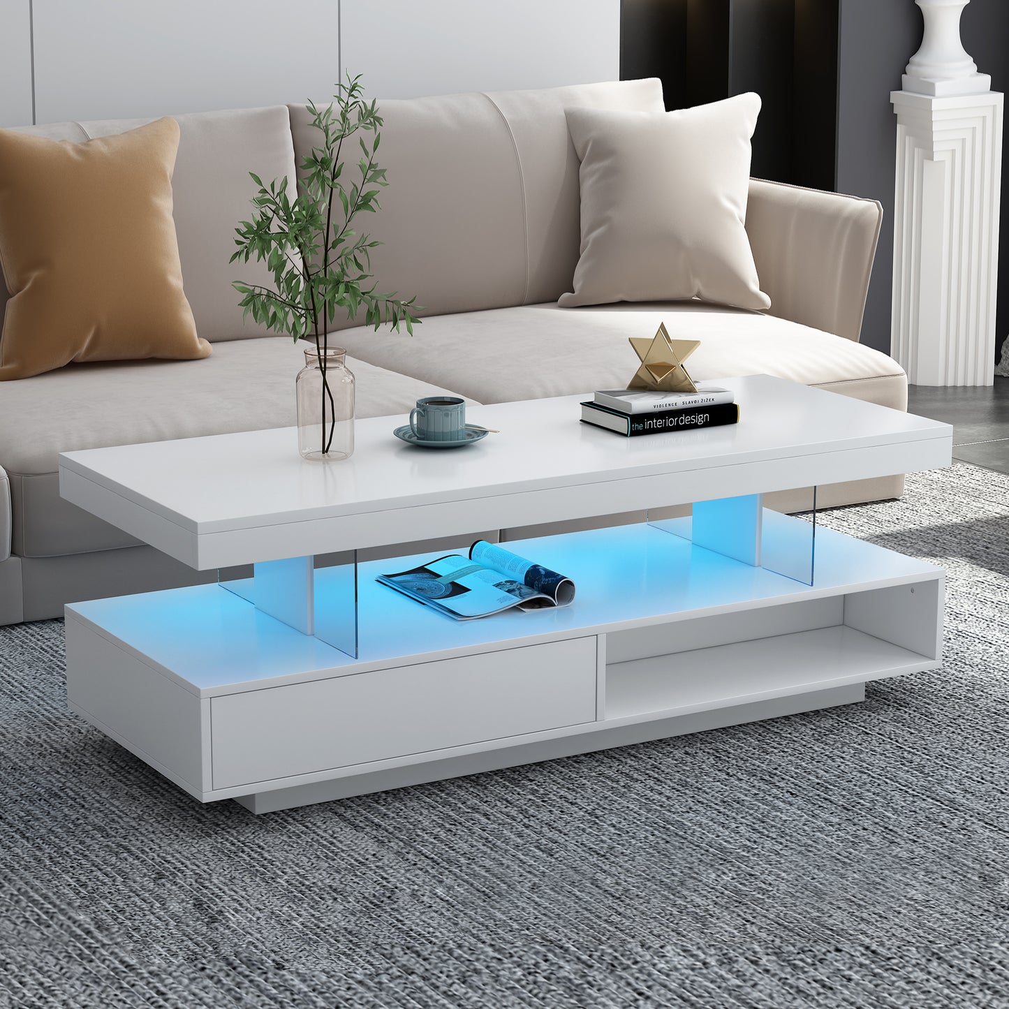Modern LED Coffee Table with Storage, Drawers & Shelves for Living Room
