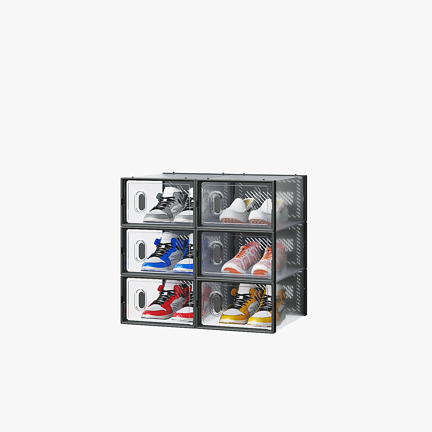 6-Pack Black Plastic Mesh Shoe Boxes – 33x23x14cm Modular Storage Set