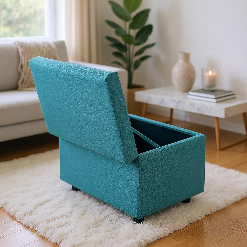 Blue Linen Storage Ottoman Bench with Hidden Compartment – 24.8" Wide