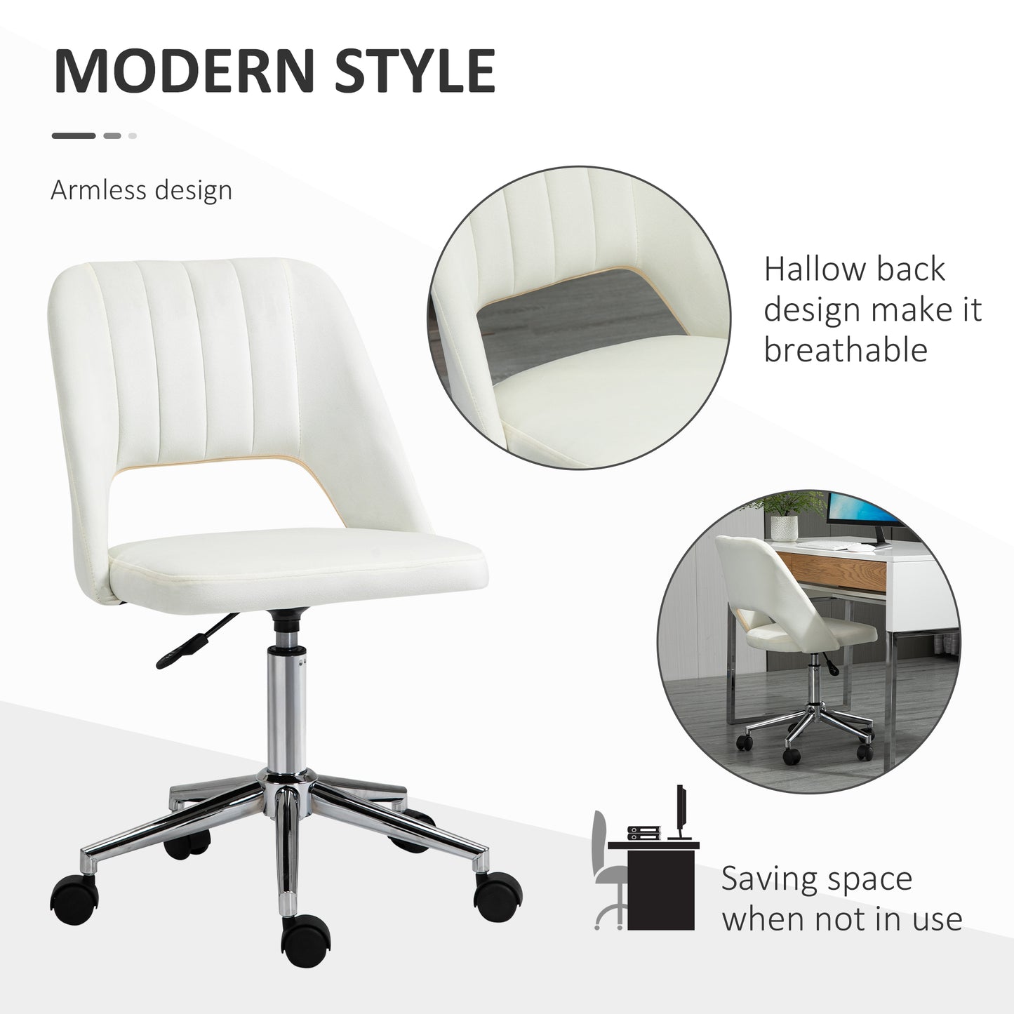 Modern White Velvet Office Chair – Adjustable Height, Swivel Base & Scallop Backrest