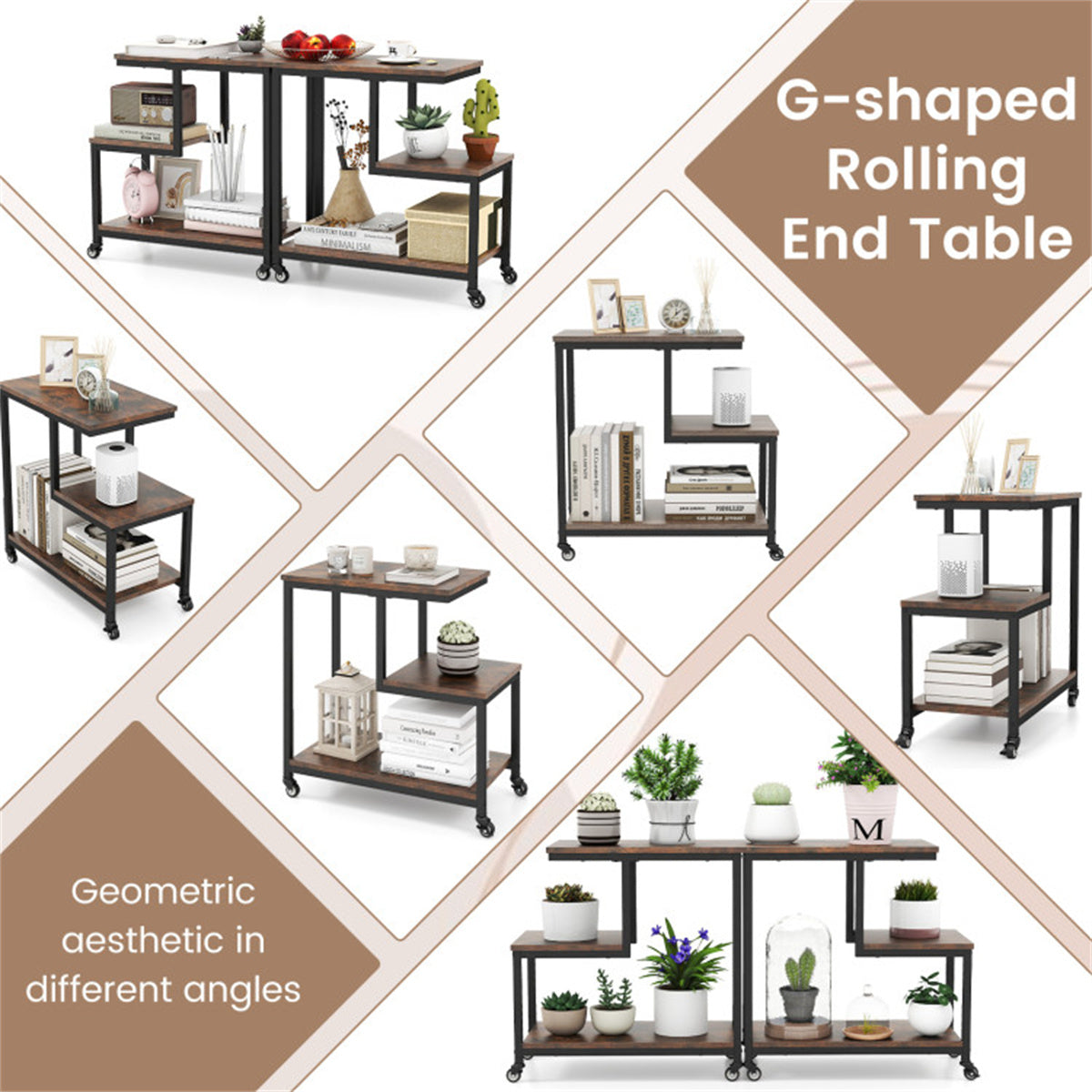 G-Shaped 3-Tier Brown End Table with Wheels – Mobile Storage Side Table