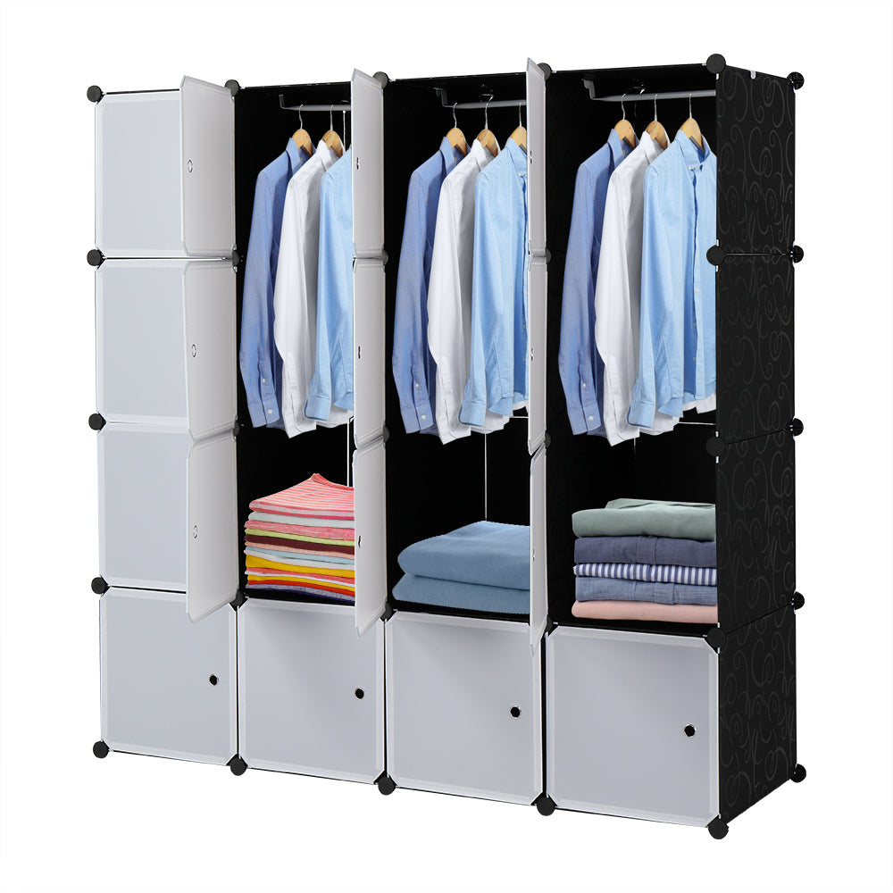 16-Cube Modular Closet Organizer with Hanging Rods, White Doors & Black Panels
