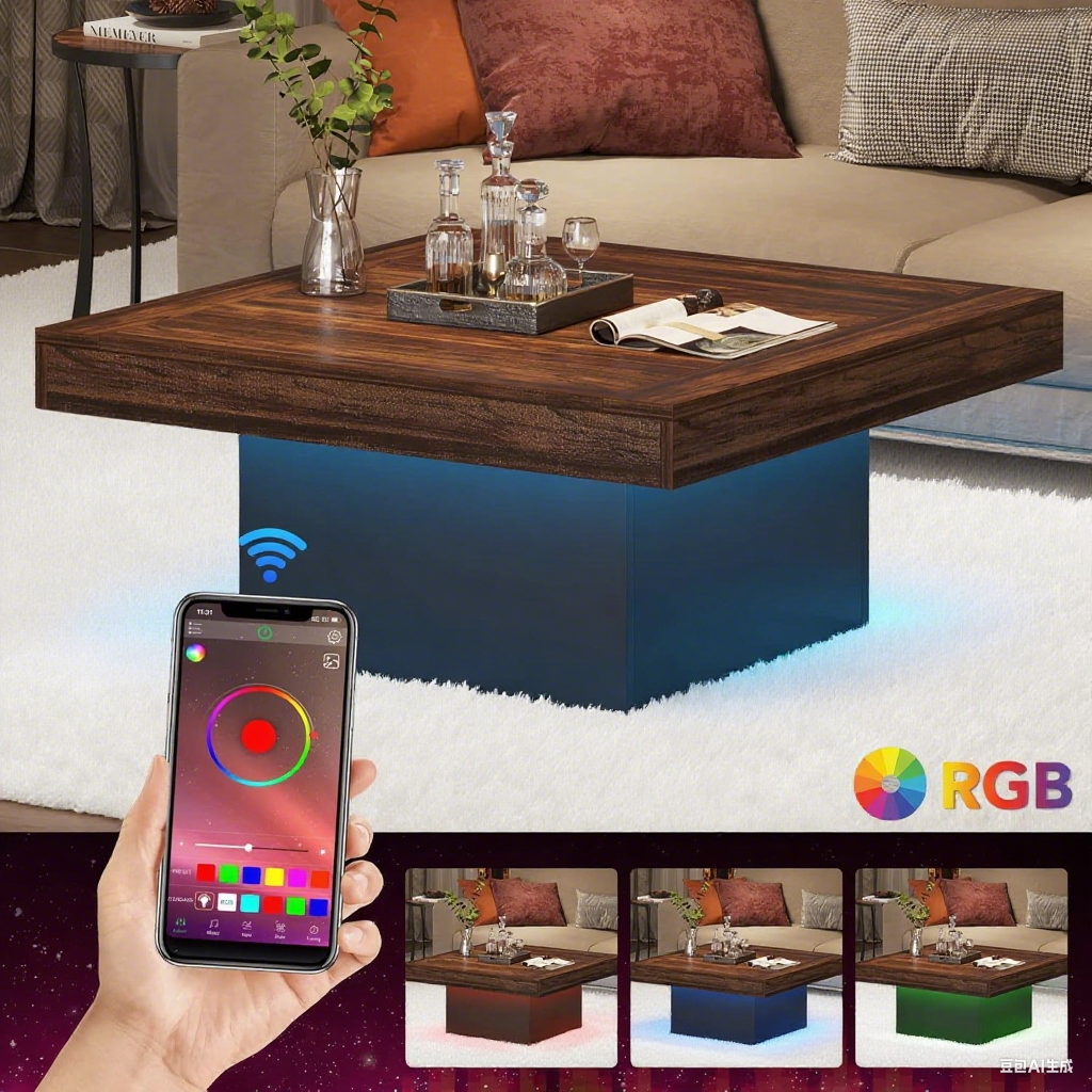 Rustic Brown LED Coffee Table with Black Base – 35” Square Modern Farmhouse Design