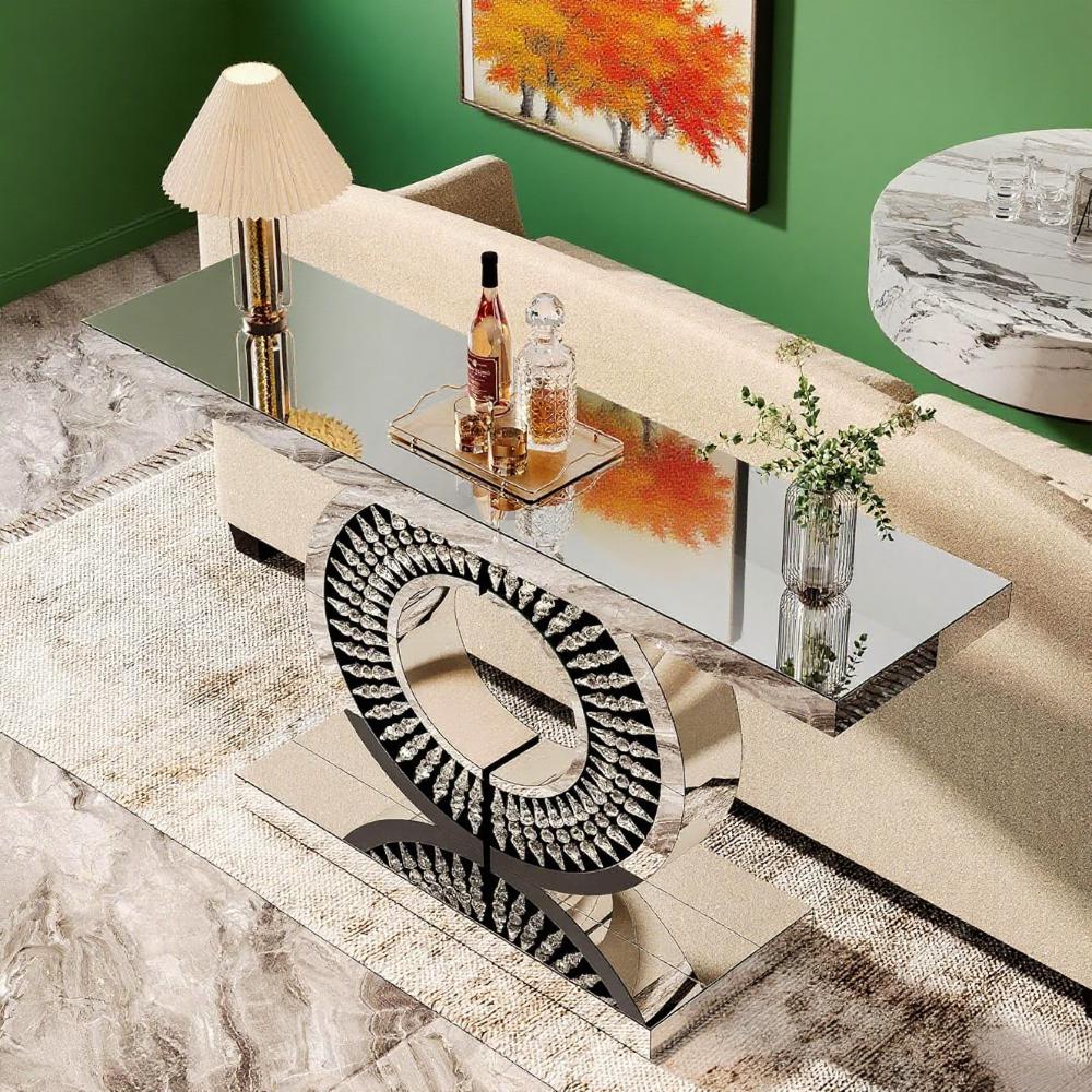 43" Silver Glass Console Table with Crystal Inlays – Modern Entryway Accent