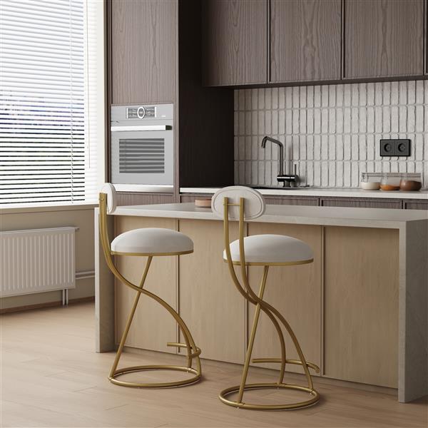 Set of 2 Velvet Round Bar Stools with Back – Gold & Cream Upholstered Counter Chairs