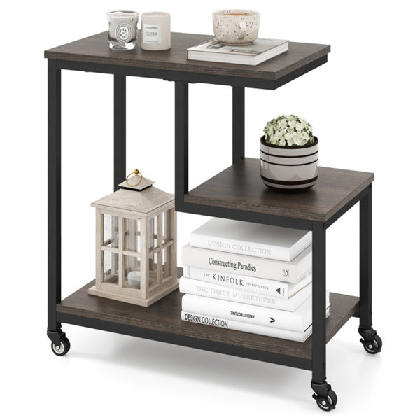G-Shaped 3-Tier Gray End Table with Wheels – Mobile Storage Side Table