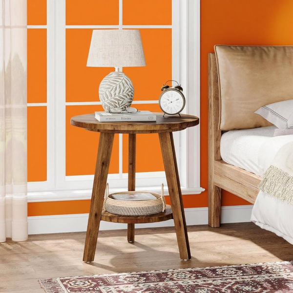 Rustic Solid Wood Round Side Table with Shelf – Natural Fir Coffee End Table