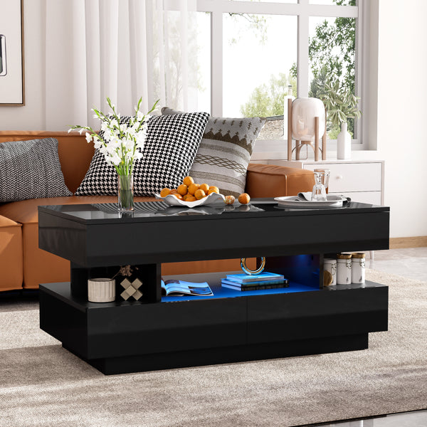 Black High-Gloss Coffee Table with Drawers, Extendable Top & 16-Color LED Lights