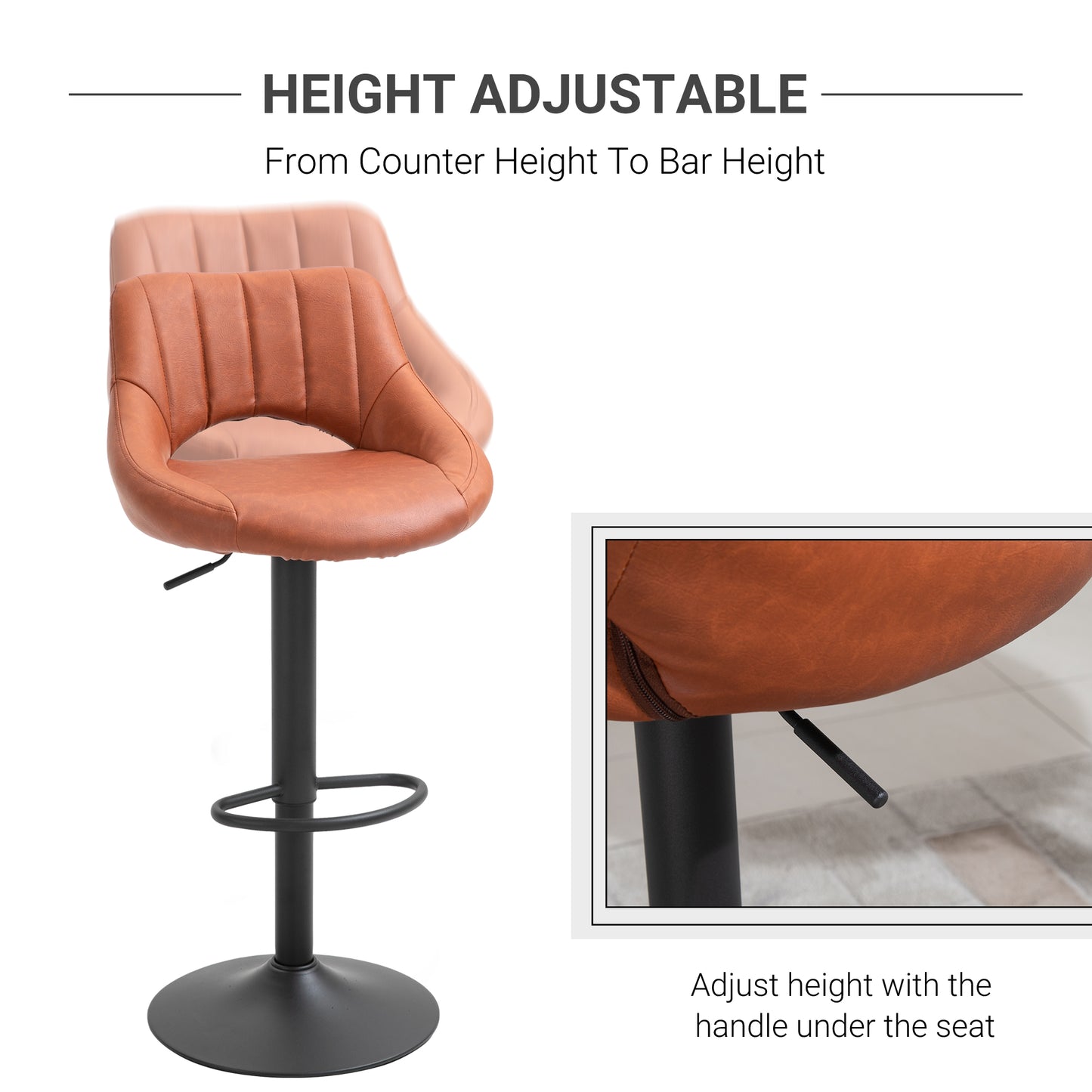 Set of 2 Adjustable Bar Stools – Brown PU Leather Swivel Chairs with Footrest