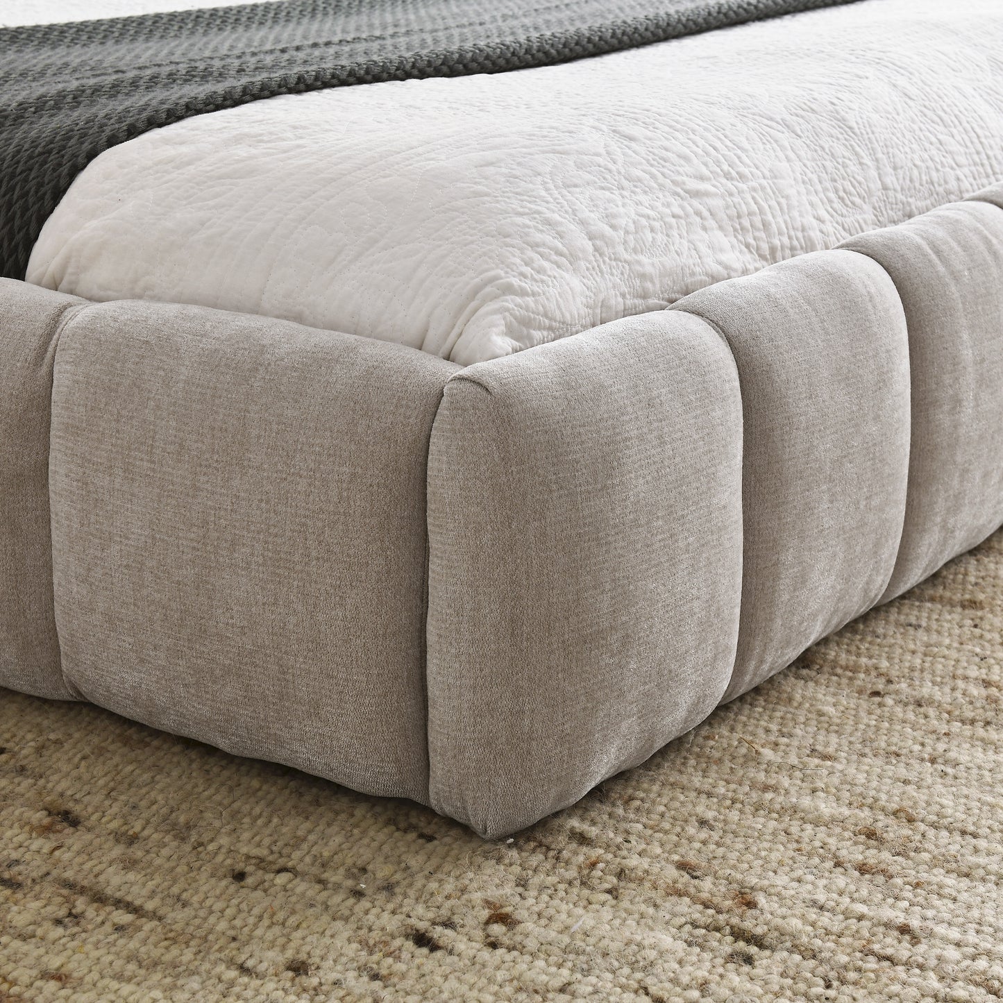 Queen Upholstered Platform Bed Frame with Headboard, Chenille Fabric, Beige