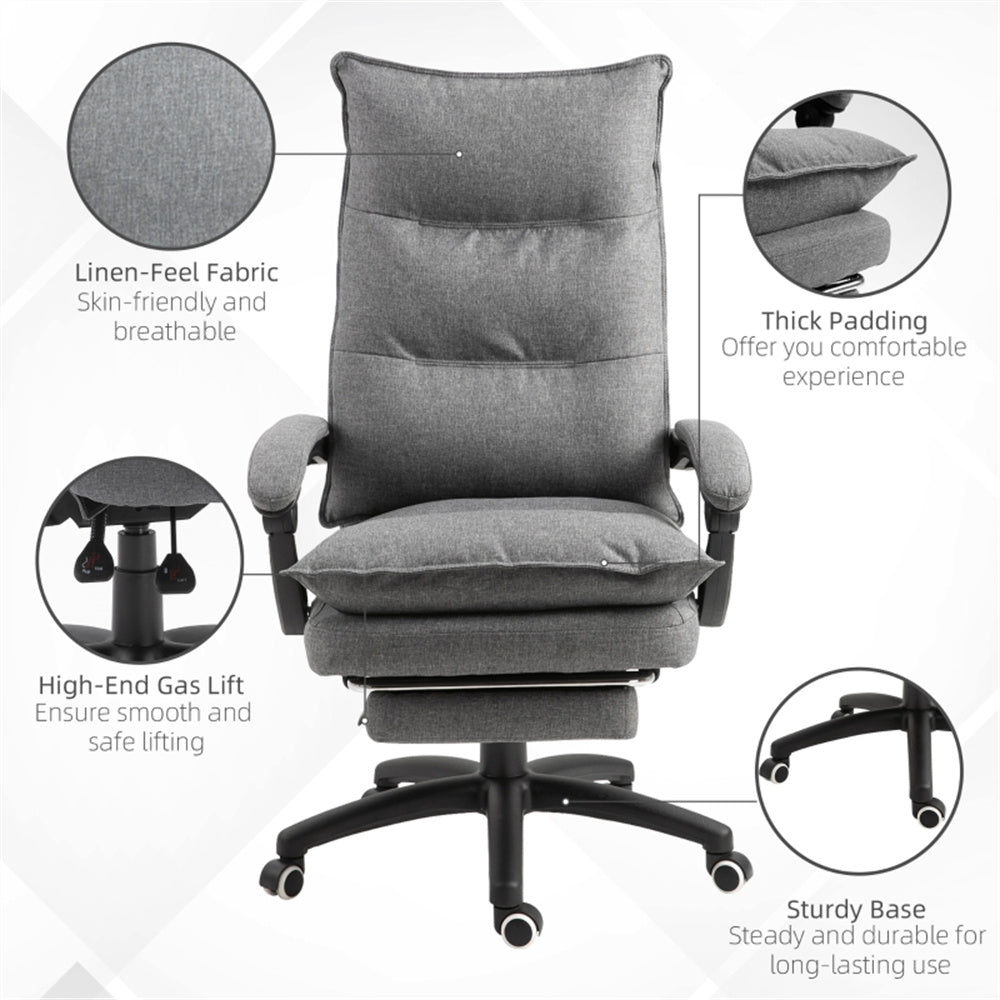 Grey High-Back Reclining Office Chair with Footrest & Linen-Style Upholstery