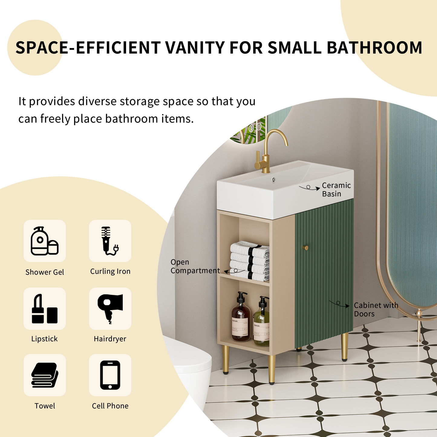 21.6" Bathroom Vanity with Sink, Open Shelf & Soft-Close Door, Green